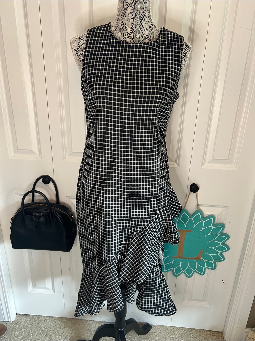 Chic Calvin Klein Black & White Grid Print Ruffle Hem Midi Dress